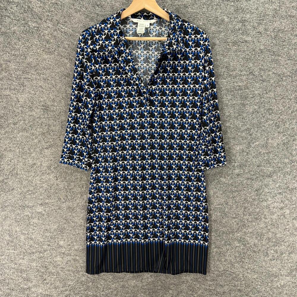 Max Studio Dress Women S Small Black Geometric Shift Midi Collared Long Sleeve
